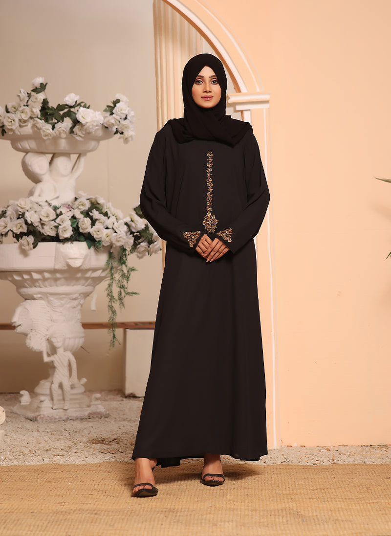 Black Double Georgette Front Closed Hand Work Abaya