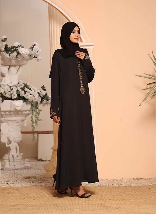 Black Double Georgette Front Closed Hand Work Abaya