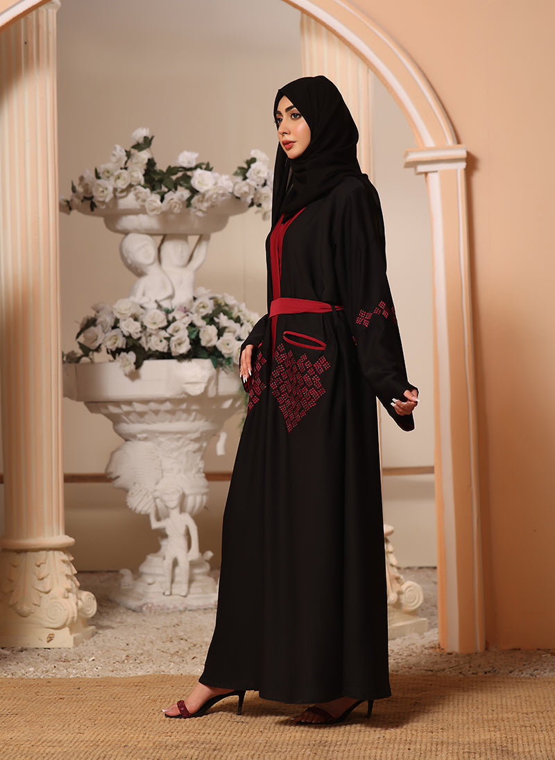 Nooriya: Black and Maroon Machine Embroidery Nida Fabric Front Open Abaya
