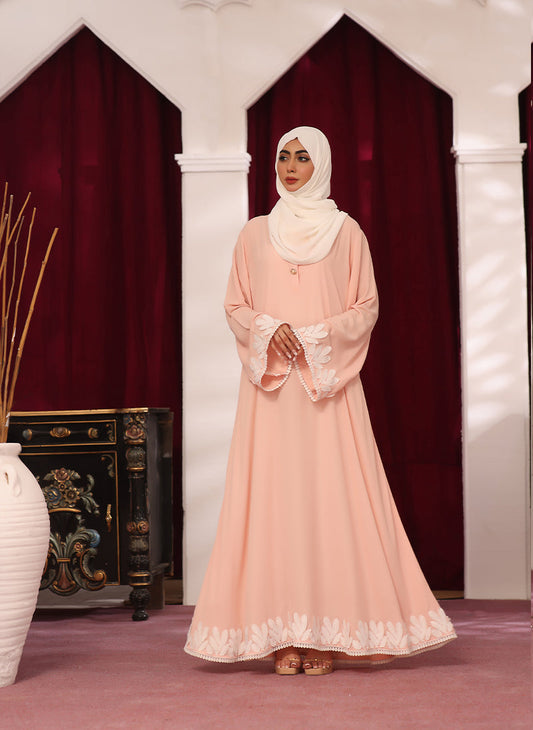 Blossom Peach Double Georgette Front Open Lace Work Abaya