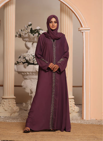 Light Purple Double Georgette Machine Embroidery Front Open Abaya