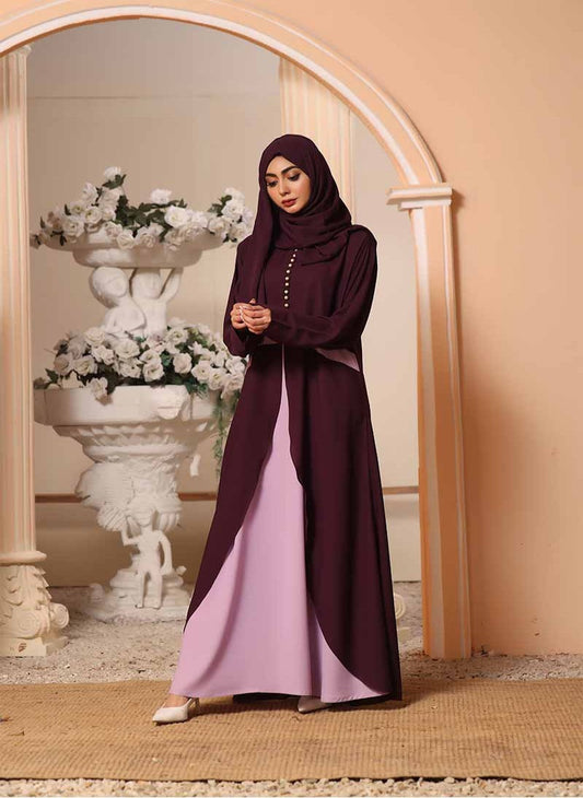 Plum Purple and Lavender Contrast Double Georgette Closed Front Abaya